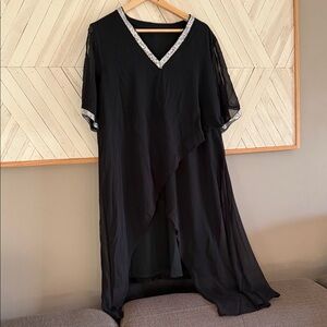 Black Sheer V-Neck Tunic Dress with Chivon type material with Silver Trim